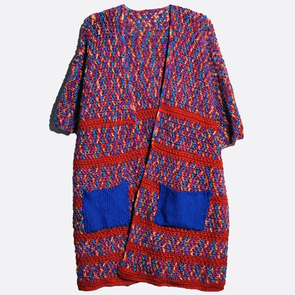 Handmade Chunky Crochet Kimono Cardigan Multicolor Patchwork Plus Size 1X 2X 3X - Picture 2 of 4